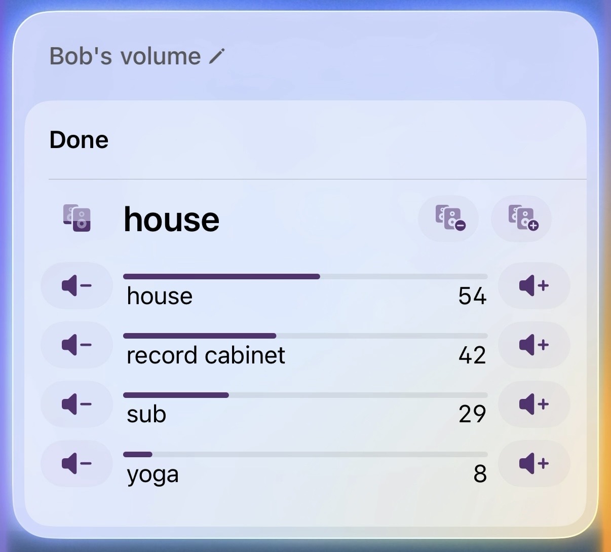 Bops Siri Volume Snippet, showing interactive volume controls for Sonos speakers